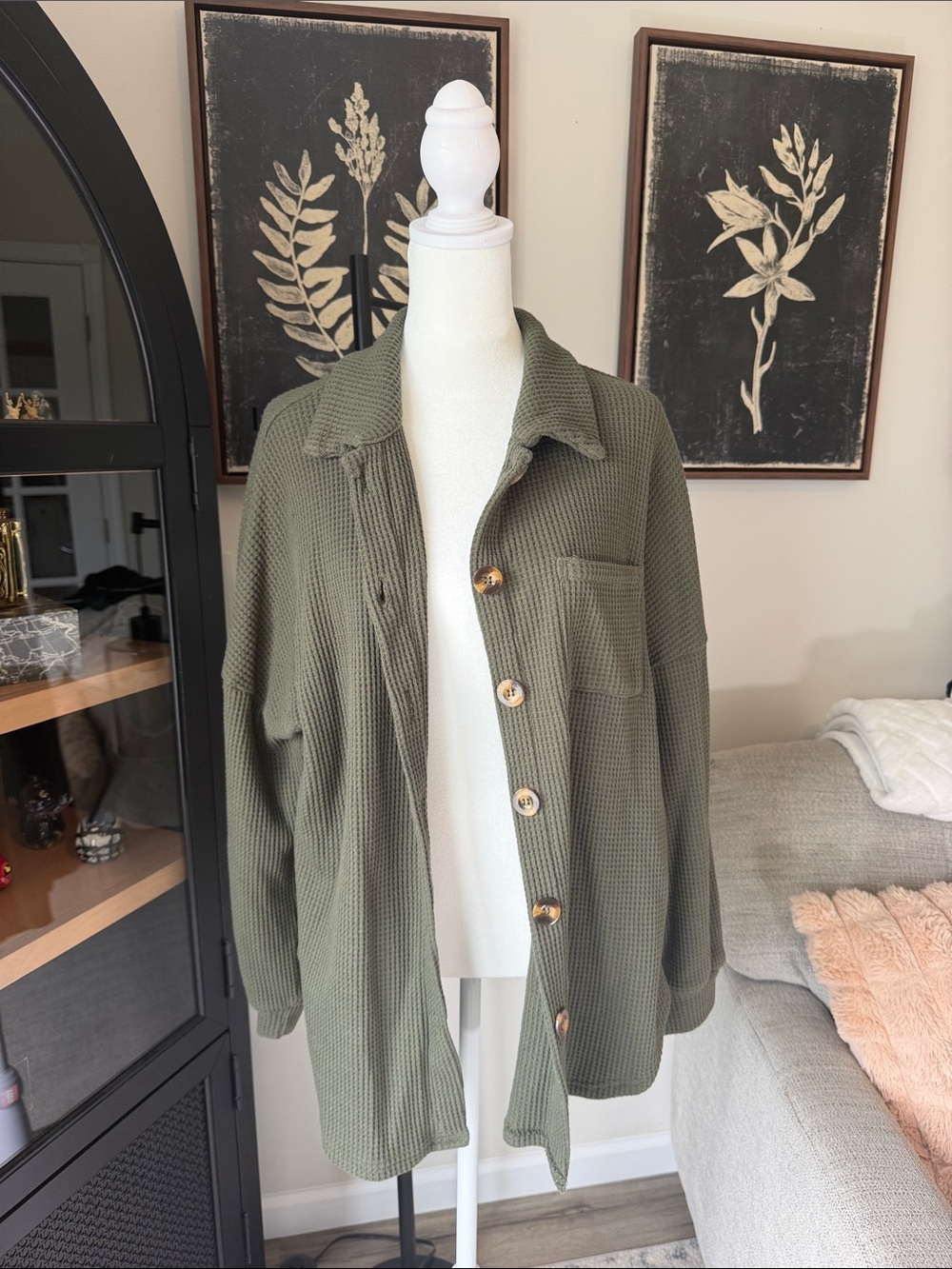 Relaxed Olive Green Waffle Knit Button-Down Shirt Jacket